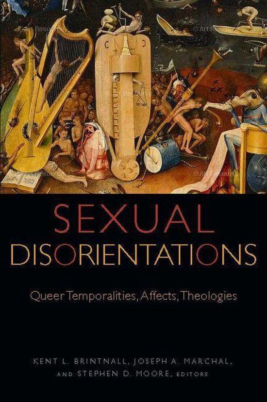 Boekomslag voor "SEXUAL DISORIENTATIONS Queer Temporalities, Affects, Theologies" met een surrealistisch schilderij van mythologische figuren, muziekinstrumenten en architectuur.