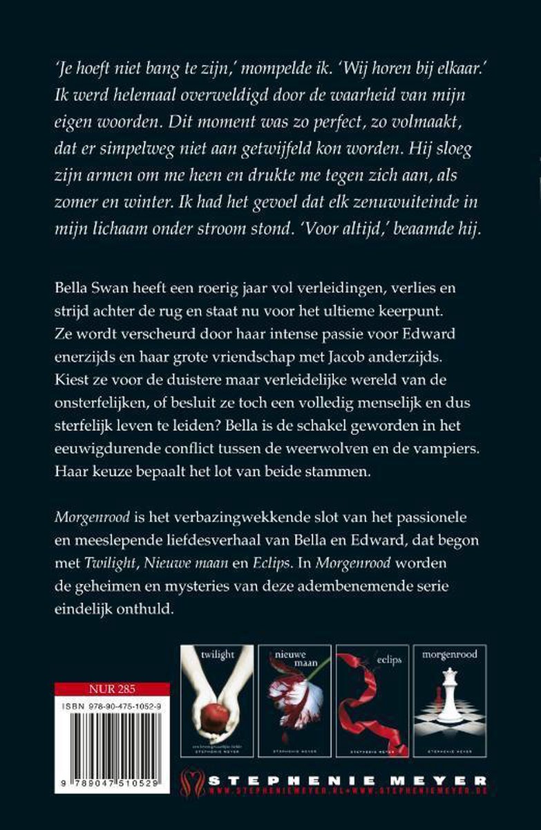 Boekomslag van 'Morgenrood' met een schaakbord, een witte koningin en een rode pion. Boekcovers van 'Twilight', 'New Moon', 'Eclipse' en 'Breaking Dawn'. ISBN en auteursnaam.