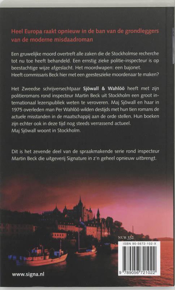 De achterkant van het boek met een stadsaanzicht van Stockholm bij zonsondergang.