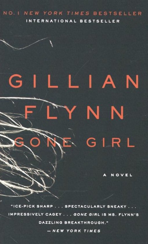 Couverture du livre Gone Girl de Gillian Flynn, avec texte orange sur fond sombre et lignes blanches.