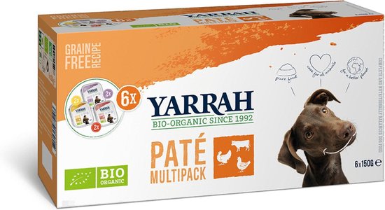 Yarrah Bio Hondenvoer Multipack Paté Graanvrij Kip - Kalkoen - Rund 6 x 150 gr NL-BIO-01
