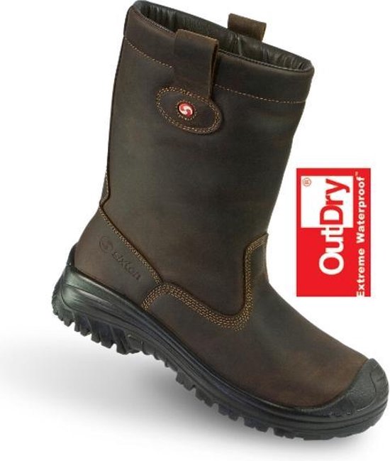 Bruine leren werklaars met zwarte zool, stiksels en 'OutDry Extreme Waterproof' logo. Met lus aan de bovenkant.