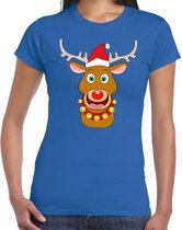 Foute Kerst t-shirt met de kerstman en rendier Rudolf blauw voor dames XS