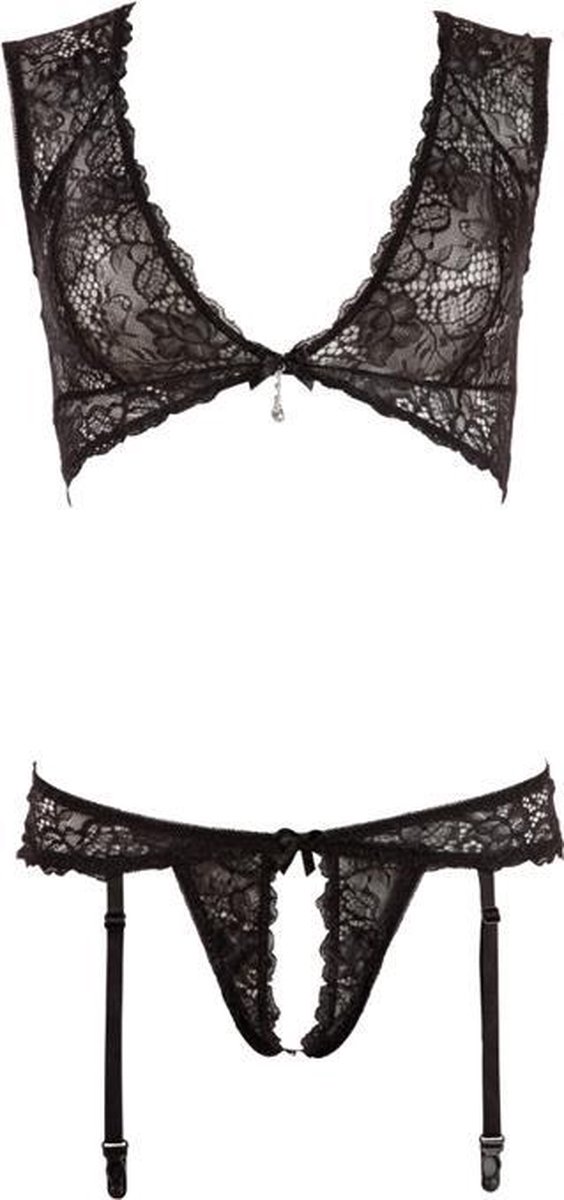 Goedkoopste Cottelli Collection – Erotische Jarretel Lingerie Set met Open Kruis en Afgewerkt Strass Stenen voor Ultieme Verleiding – Maat L - Zwart