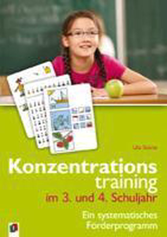 Une écolière avec des lunettes et un haut rose assise à un bureau avec une pomme et des couvertures de 'Konzentrationstraining im 3. und 4. Schuljahr'.