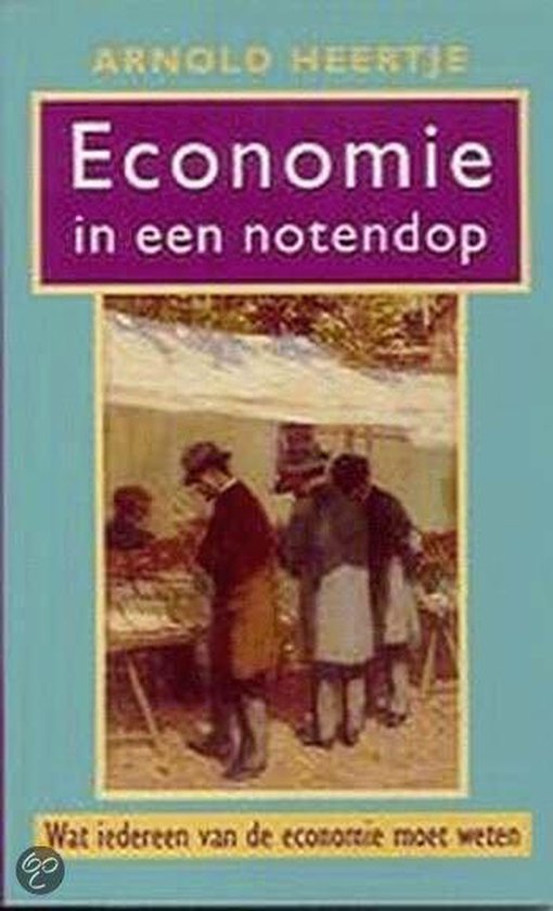 Boek 'Economie in een notedop' met een schilderij van mensen op een markt.