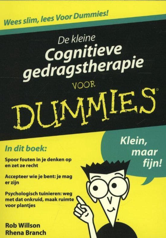 Boek "De kleine cognitieve gedragstherapie voor Dummies" met illustratie van een cartoonfiguur met grote ogen en een spraakballon "Klein, maar fijn!".