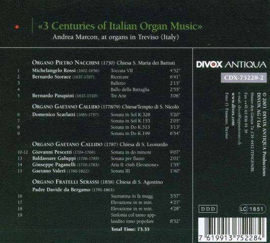 CDhoes van '3 Centuries of Italian Organ Music' met orgelpijpen en tracklist.