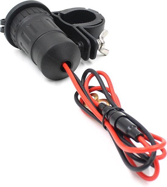 Zwarte waterdichte motor sigaretten aansteker met bevestiging en rood/zwarte bedrading met zekering.