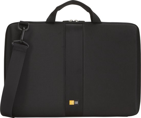 Zwarte laptoptas met verticale streep, schouderband en Case Logic logo.