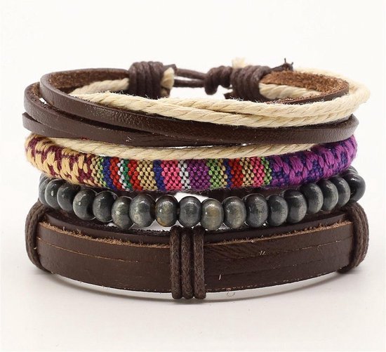 Bracelets Montebello Adelin - Unisexe - Cuir - Corde - Tissu - Perles - 4 pièces - 20 - 23 cm