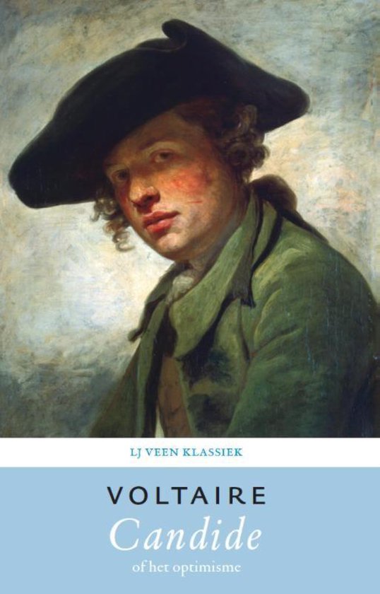 Boekomslag met schilderij van een man met hoed en groene jas. Titel: Candide of het optimisme.