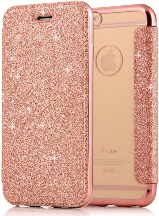 iPhone 7 Plus - 8 Plus Flip Case - Roze - Glitter - PU - Soft TPU - Folio | bol.com