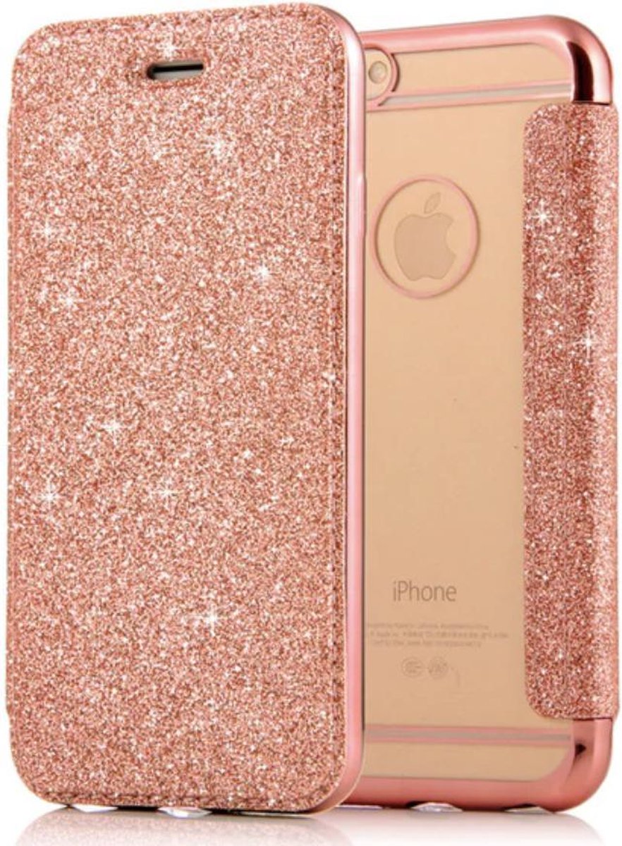 Geschikt voor Apple iPhone 7 Plus - 8 Plus Flip Case - Roze - Glitter - PU leer - Soft TPU - Folio