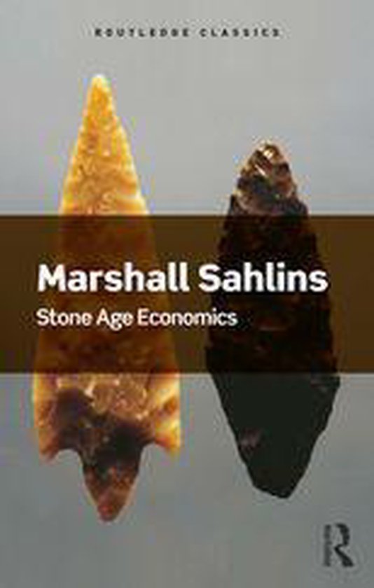 Deux outils en pierre, un brun clair et un brun foncé, avec le titre 'Marshall Sahlin Stone Age Economics'.