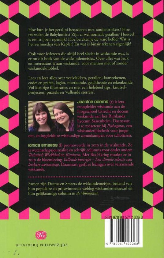 Boekomslag met een patroon van kubussen in roze en groen. Twee vrouwen staan op de achtergrond. De titel luidt 'Ik was altijd heel slecht in wiskunde'.