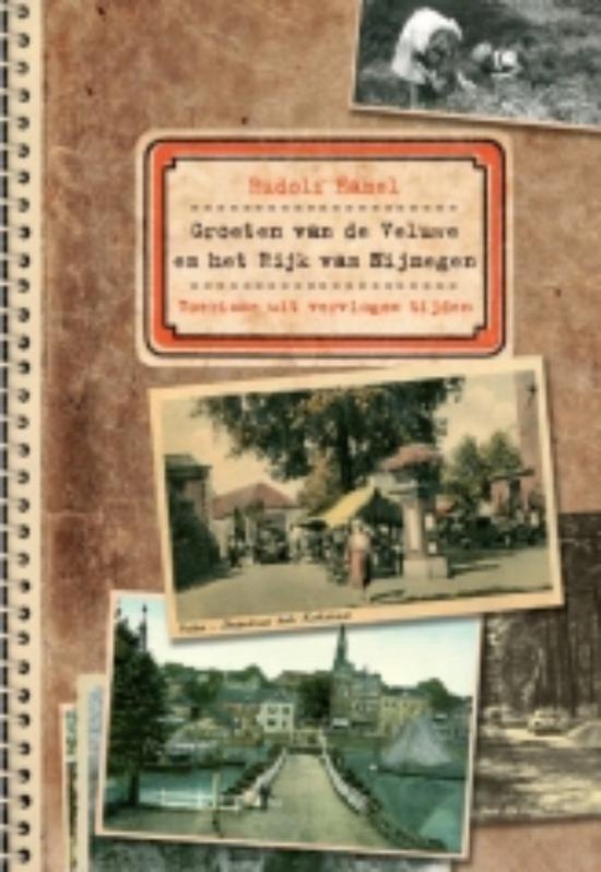 Boek met vintage ansichtkaarten: straatscène met kramen, dorpsgezicht met brug, kind bij water.