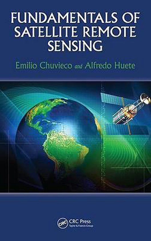 Boekomslag van 'Fundamentals of Satellite Remote Sensing' met een afbeelding van de aarde en een satelliet.