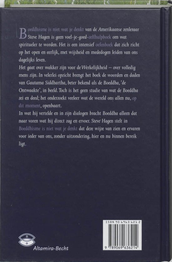 Achterkant van het boek 'Boeddhisme is niet wat je denkt' met ISBN en uitgever Altamira-Becht.
