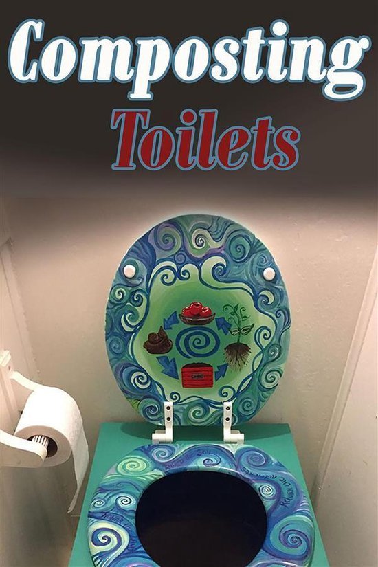 Couvercle de toilette avec un dessin bleu-vert tourbillonnant du processus de compostage, avec le texte "Composting Toilets".