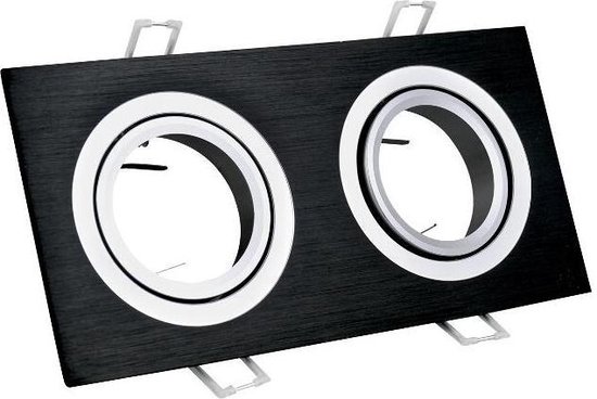 Inbouw 2x LED spot GU10 - aluminium - rechthoek armatuur - geborsteld - zwart/zilver