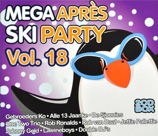 Albumhoes van Mega Après Ski Party Vol. 18 met een cartoon pinguïn met blauwe zonnebril, paarse achtergrond met stippen.