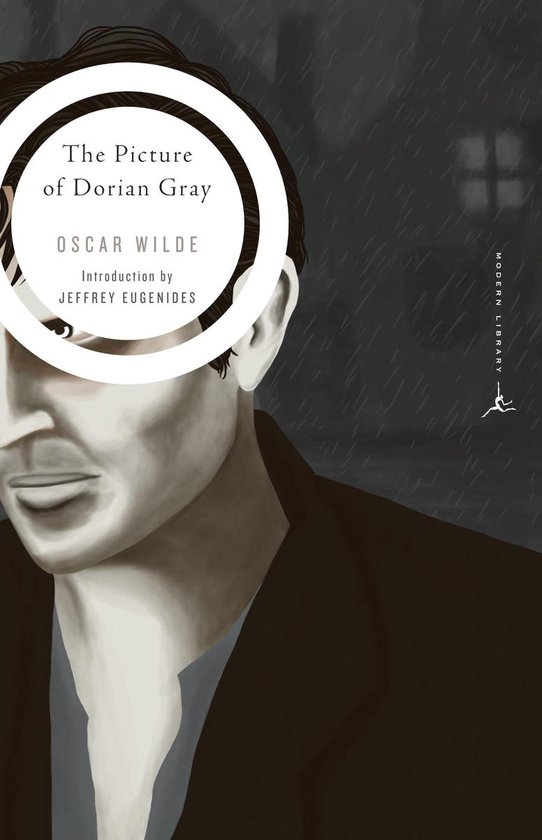 Boek kaft 'The Picture of Dorian Gray' van Oscar Wilde, met een portret van een man.