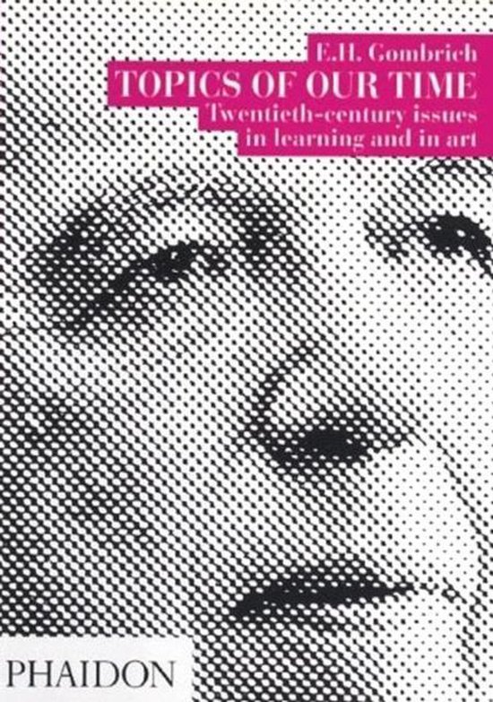 Boekomslag met een zwart-wit portret van een gezicht, opgebouwd uit kleine stippen. De titel "Topics of Our Time" staat in roze letters bovenaan.
