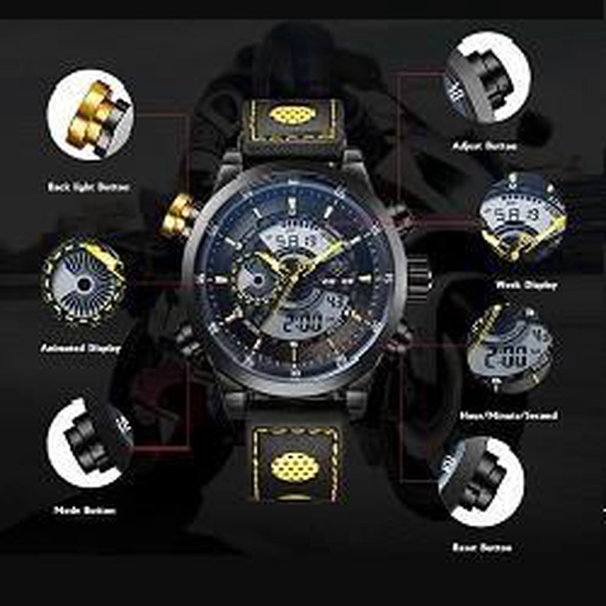 Luxe Stoere XL XXL Heren / Mannen sport Dual Digitale Horloge Zwart / Zwart  | bol.com