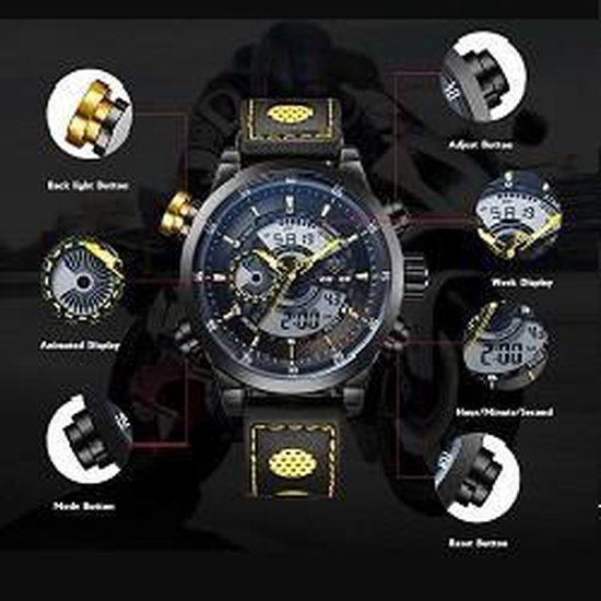 Luxe Stoere XL XXL Heren / Mannen sport Dual Digitale Horloge Zwart / Zwart  | bol