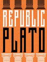Livre 'Republic Plato' avec quatre colonnes blanches sur fond orange.