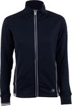 Donkerblauw dames trainingsjack met witte biezen en logo.