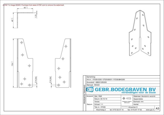 Technische tekening van een zilverkleurige hoekversterker met afmetingen.