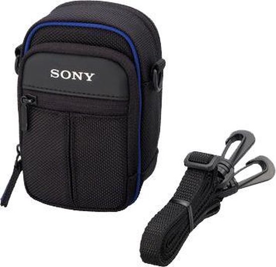 Zwarte Sony cameratas met blauwe bies, ritsvak en draagband met clips.