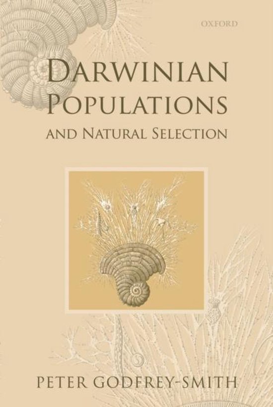 Boekomslag van 'Darwinian Populations and Natural Selection' met een fossiele schelp in het midden, omlijst door fijne, takachtige structuren. Oxford is zichtbaar in de rechterbovenhoek.
