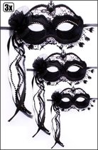3x Zwart oogmasker met kant LUXE - Oog masker festival thema feest huwelijk gala luxer