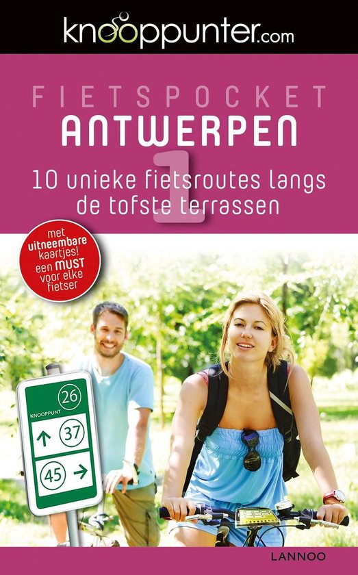 Fietsen in Antwerpen, met een vrouw op een fiets in de voorgrond. Een fietspadbord toont knooppunt 26, met pijlen naar 37 en 45.