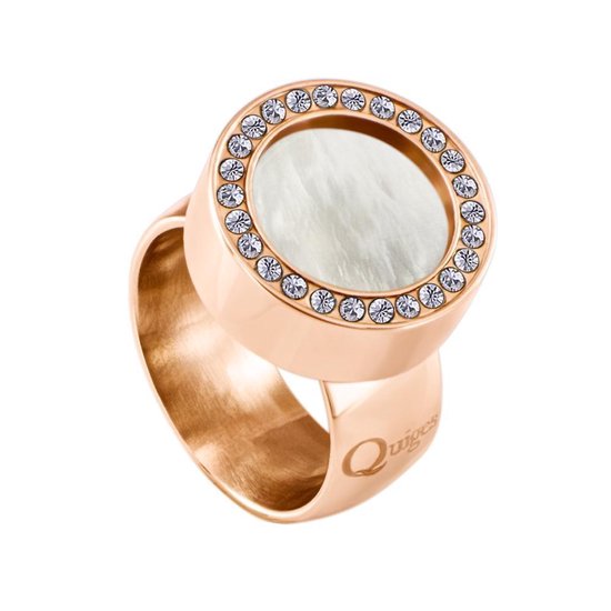 Quiges RVS Schroefsysteem Ring met Zirkonia Rosékleurig Glans 16mm met Verwisselbare Beige Schelp 12mm Mini Munt