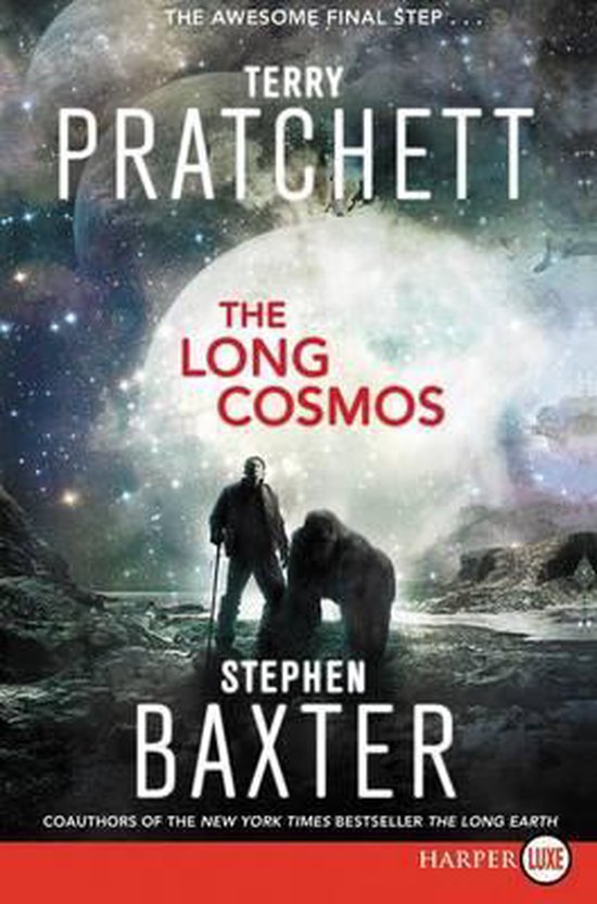 De cover van 'The Long Cosmos' toont twee figuren tegen een achtergrond van de ruimte, met een maan en sterren. De titel 'The Long Cosmos' is in rode letters.