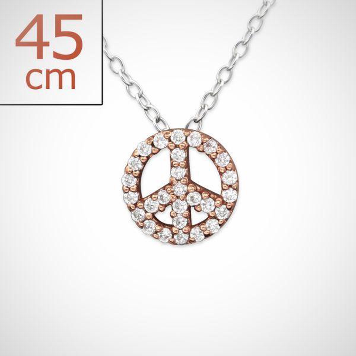 Vrede - 925 sterling zilveren rose plated ketting 45 cm met vredesteken
