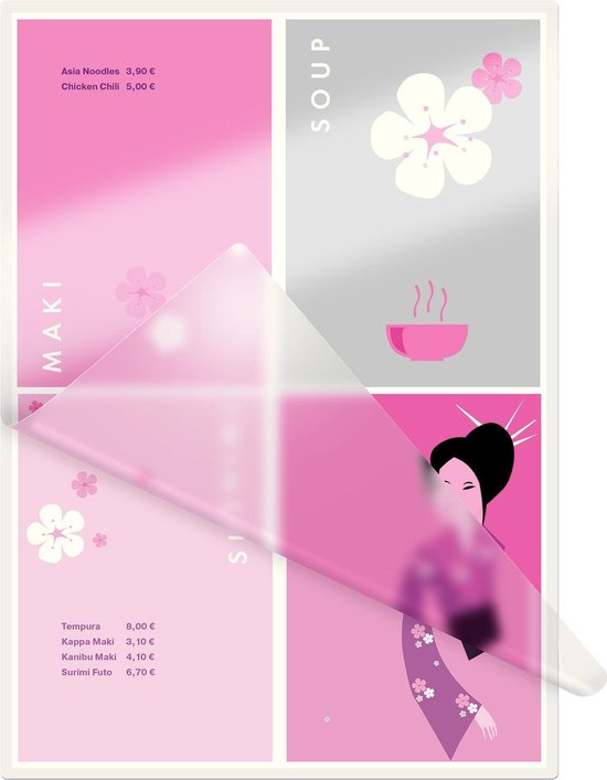 Menu met gerechten: Asia Noodles, Chicken Chili, Tempura, Kappa Maki, Kanibu Maki, Surimi Futo. Een geisha in een kimono.