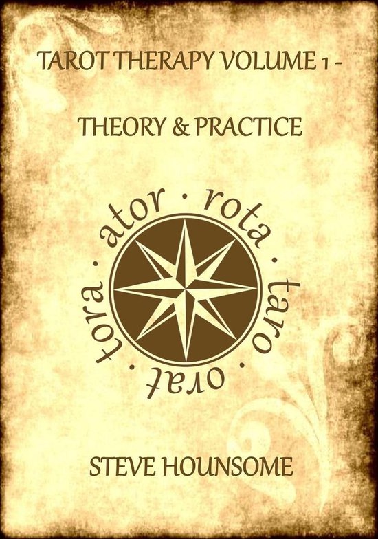 Couverture de livre avec un fond en parchemin vintage, une boussole centrale et le texte 'Tarot Therapy Volume 1'.