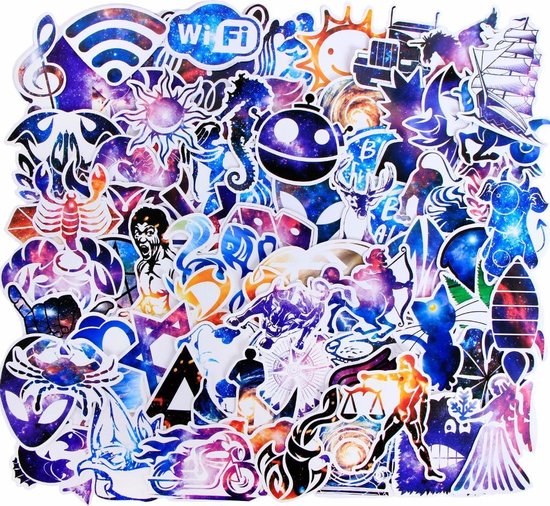 100 x Space Galaxy stickers voor laptop, koffer, muur, skateboard, badkamer etc. Coole ruimte/sterrenbeelden/dieren sticker mix paars/blauw