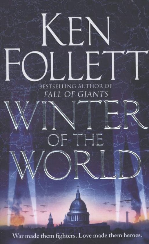Boekomslag van 'Winter of the World' van Ken Follett, met Londen op de achtergrond.