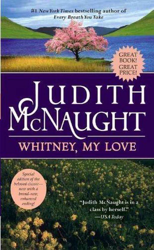 Boekomslag van "Whitney, My Love" door Judith McNaught. Een boom met roze bloesems staat aan een meer.