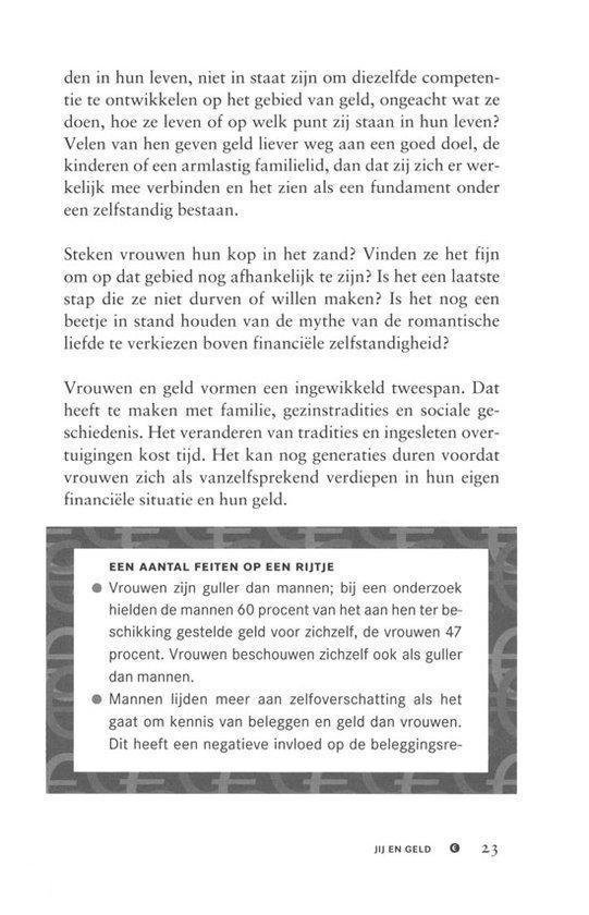 Pagina uit een boek met tekst over vrouwen en geld, met een grijs kader met bulletpoints met feiten.