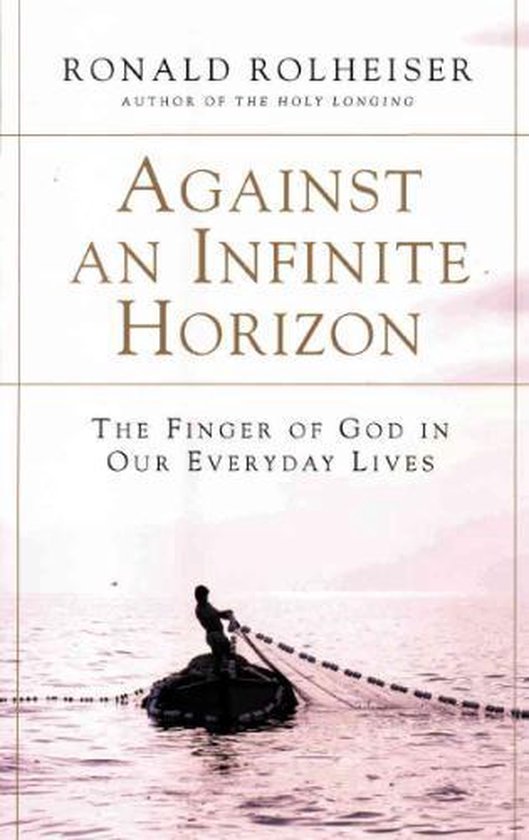 Titel: Against an Infinite Horizon. Een visser in een boot werpt een net uit op zee onder een roze lucht.