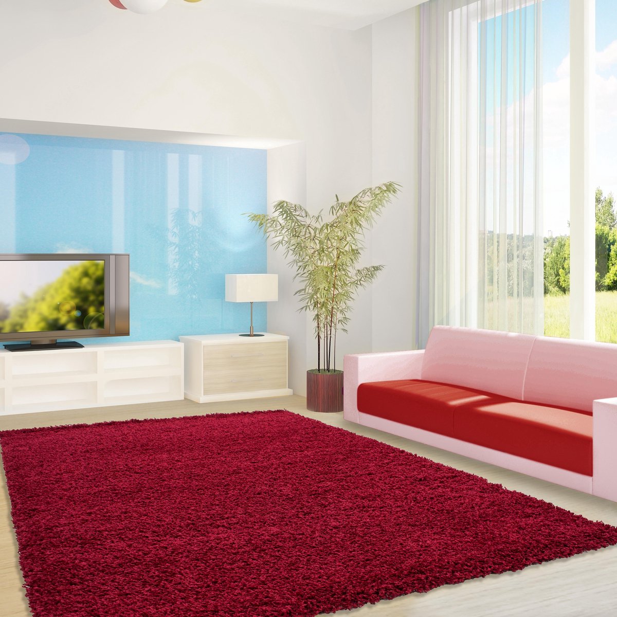 Ayyildiz Hoogpolig vloerkleed met ruitpatroon, rood, geschikt voor de woonkamer, met jute achterkant, afmetingen: 200 cm x 290 cm