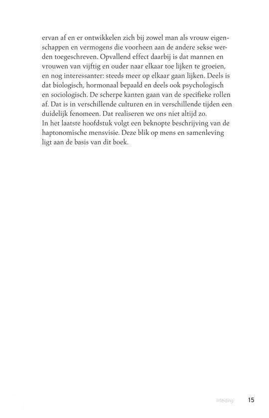 Tekstpagina met paragrafen over de specifieke rollen van mannen en vrouwen, en de algemene mensvisie van het boek.
