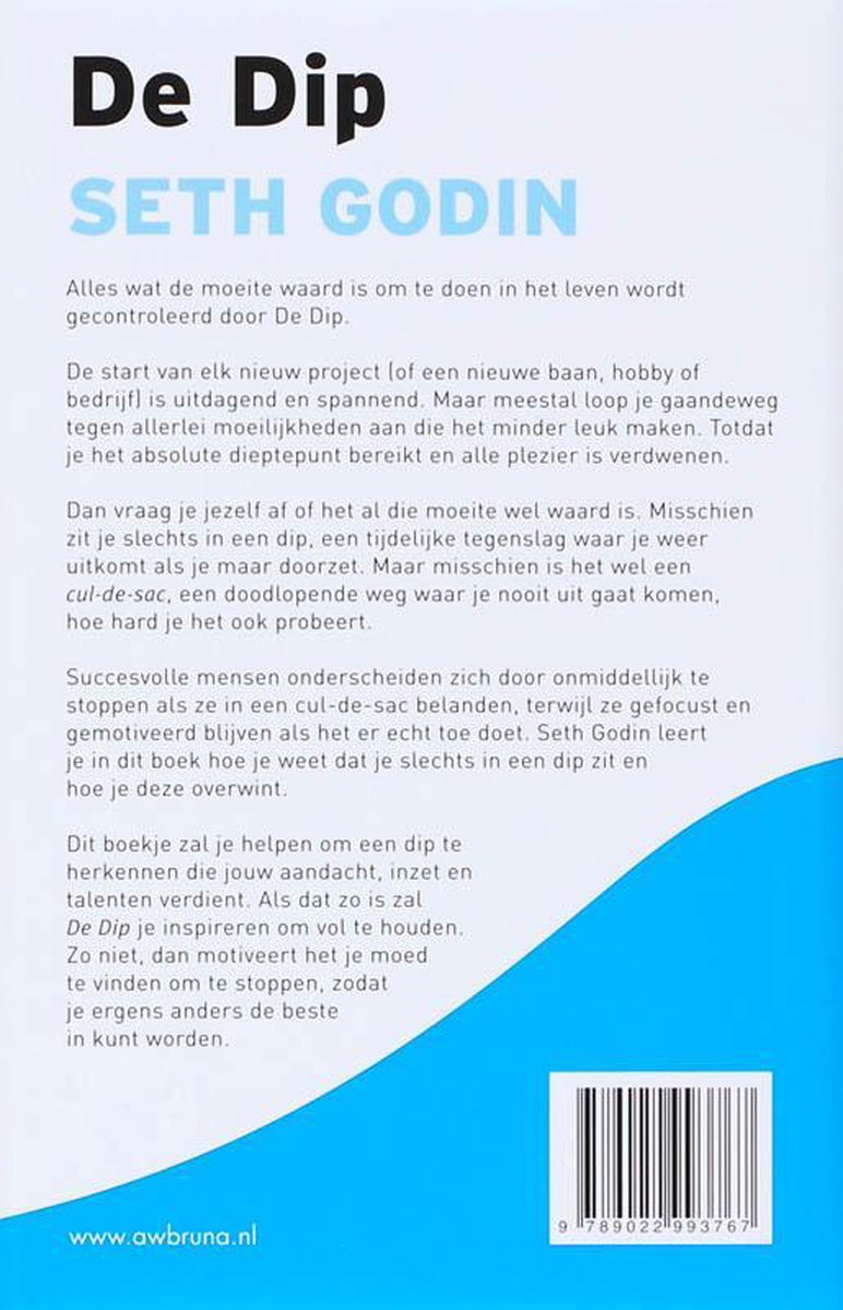 Achterkant van het boek 'De Dip' van Seth Godin, met tekst en een barcode.